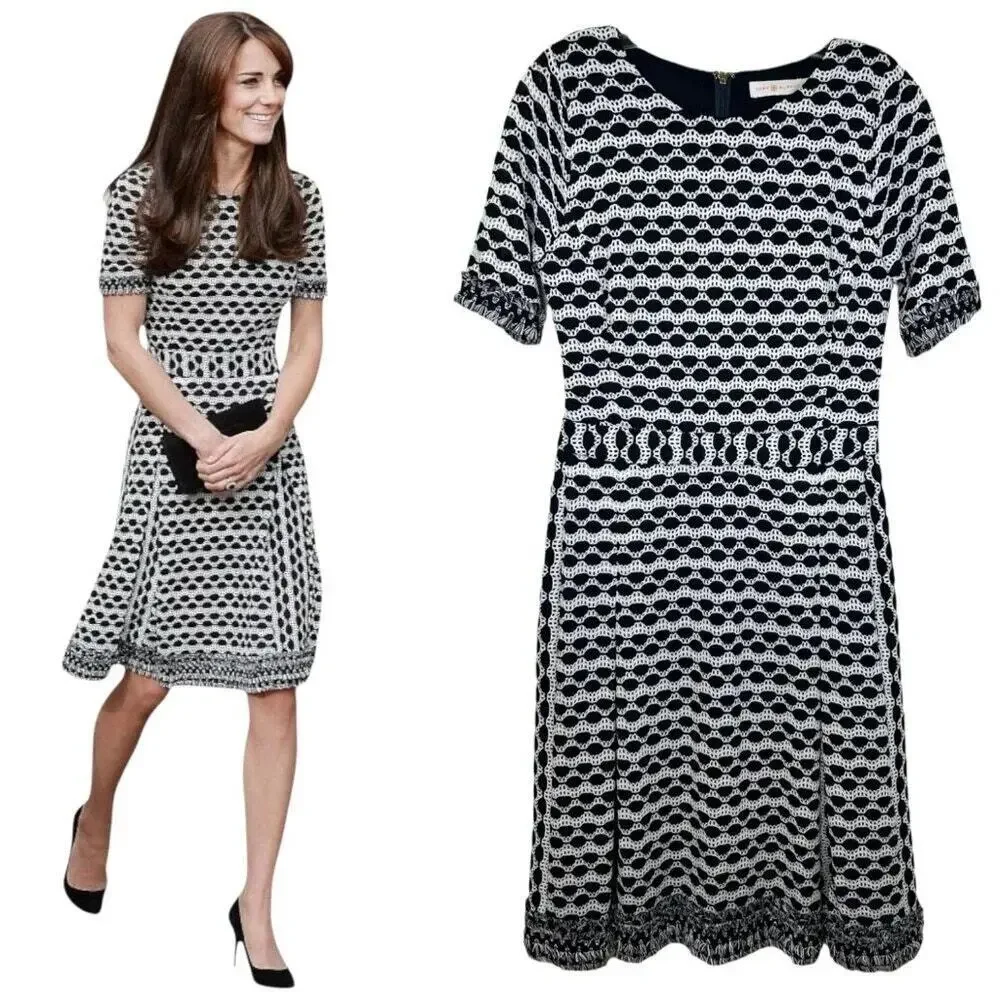Tory Burch Paulina' Knit Dress, Kate Middleton A-Line Fringe Black/White Medium